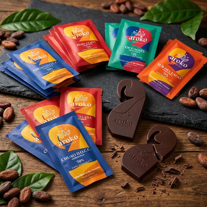 Kit Guacamayas di Aroko: bustine di Chuao, Porcelana, Ocumare e Sur del Lago con mini tavolette a forma di guacamaya